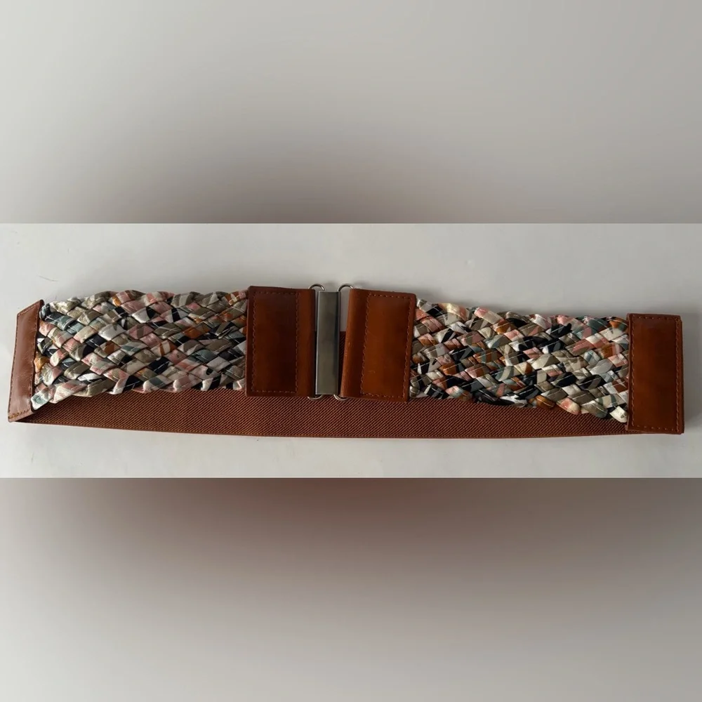 Braided Multicolor Stretch Belt with Brown Leather Accents